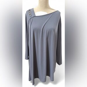 Susan Graver Asymmetrical Neck Line Silver Emblem Gray Tunic Top Women’s Size XL